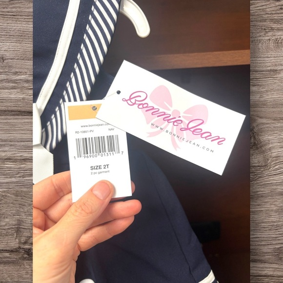 NWT Bonnie Jean 2T Navy White Stripe Ribbon Sailor 2pc Dress&Pants Outfit - Picture 3 of 11